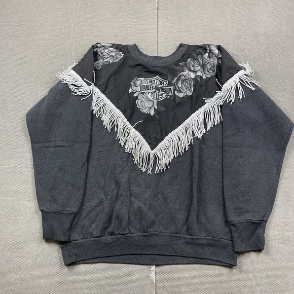 Vintage Harley Davidson Sweatshirt Womens Large Fringe Floral Gray Crewneck - Picture 1 of 10